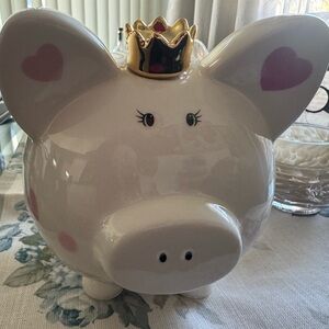 Ceramic Piggy Bank with Gold Crown & Pink Hearts